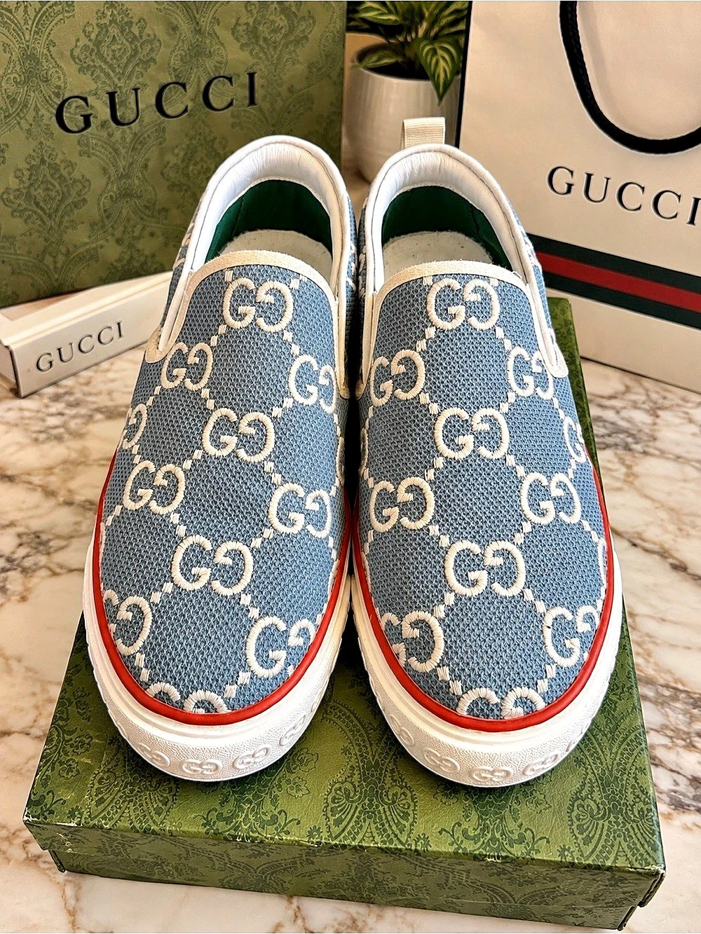 Gucci Tennis 1977 GG Denim Slip-On Sneakers Blue Ivory Size 39 w/ Box
